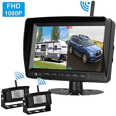 2019 Vision FHD 1080P Digital Wireless Dual Backup Cameras 7''DVR Monitor Kit for RVs,Trucks,5th Wheels Support Split/Quard View Screen High-Speed Observation System IP69K Waterproof Driving/Reverse