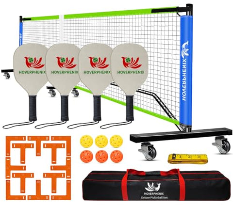 Pickleball Net with Wheels and Pickleball Paddles Set of 4, 22FT Pickleball Net Outdoor Pickle Balls, Court Marking Kit, and Carrying Bag for Driveway, Backyard