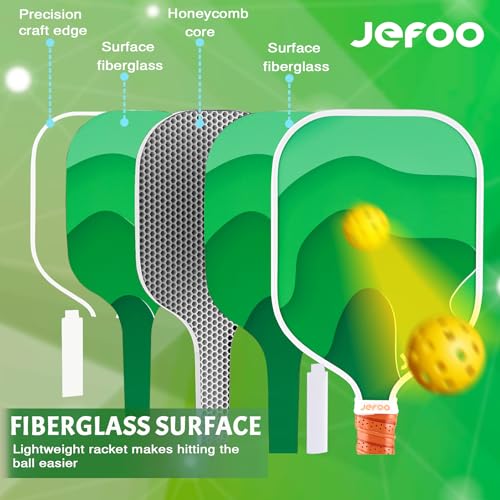 Jefoo Pickleball Paddles, Carbon Fiber & Fiberglass Pickleball Paddles Set of 2 with 4 Pickleball Balls - Perfect Pickleball Paddle Gift for Men Women