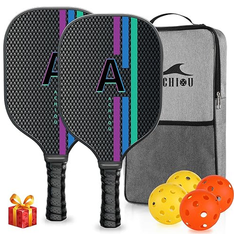 Achiou Pickleball Paddles, Pickleball Paddle Set of 2, Fiberglass Pickleball Rackets, USAPA Approved, 2 Outdoor Pickleball Balls & 2 Indoor Balls, Lightweight Carry Bag, Gifts for Men Women