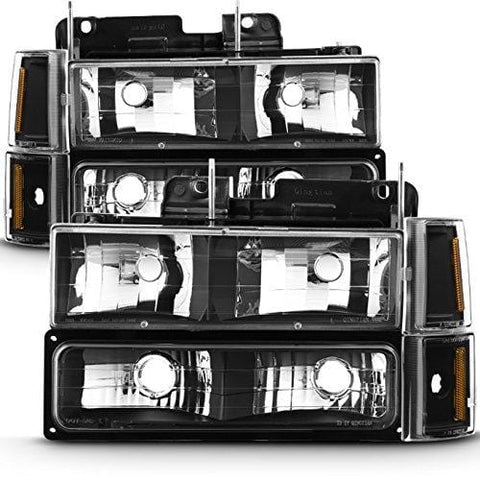 For 94-99 GMC Full Size Pickup Truck Suburban Sierra Black Bezel Headlights w/Corner + Bumper Signal Lamps