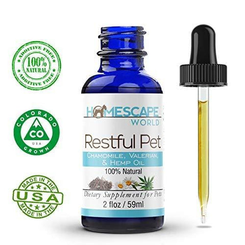Hemp, Chamomile & Valerian RESTFUL PET Oil - Hemp Oil Supplement for Dogs & Cats Anxiety Relief - Natural, Calming Oil Promotes Relaxation & Stress Reduction to Calm Your Anxious Dog or Cat - 2oz
