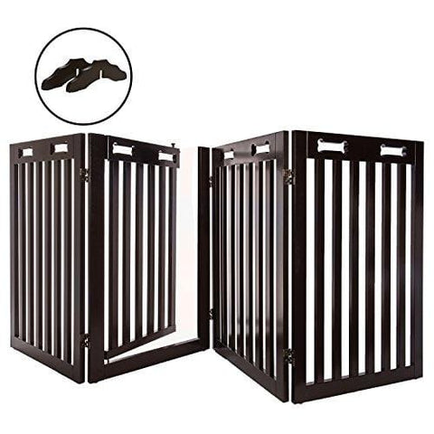 Arf Pets Free Standing Wood Dog Gate with Walk Through Door, Expands Up to 80" Wide, 31.5" High - Bonus Set of Foot Supporters Included - Upgraded 2019 Stronger Model