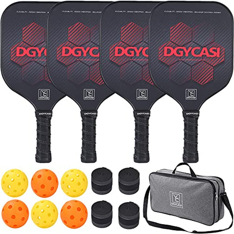 YC DGYCASI Pickleball Paddles 4 Pack Lightweight Graphite Carbon Fiber Surface Pickleballs Paddle Set of 4 Paddles; 3 Outdoor Balls; 3 Indoor Balls; 4 Replacement Grips and 1Bag