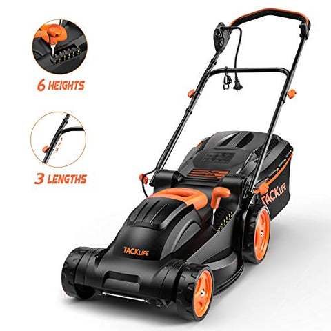 TACKLIFE Electric Lawn Mower, 14-Inch / 10-Amp Lawn Mower, 6 Adjustable Mowing Heights, 3 Operation Heights, Foldable Handlebars, Easy Control, 10.5Gal Grass Box – KALM12A