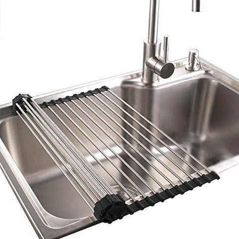 Dish Rack Sponge Holder Stainless Steel RV Roll up Shelf Over Sink Drainer for Recreational Vehicle Large (17.2x15.7x0.4) inch
