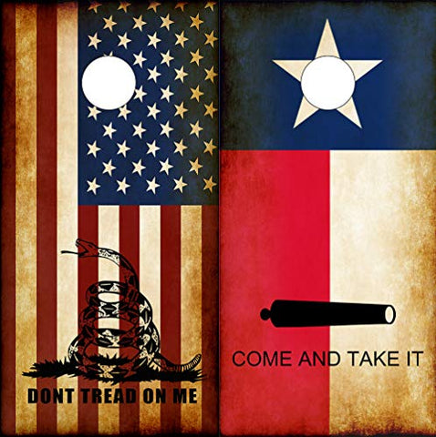 Speed Demon Hot Rod Shop Cornhole Board Wraps ~ Combo Texas Flag Come and Take It & Rustic American Dont Tread On Me DTOM Cornhole Laminated Decal Wraps (Set of 2) CHB