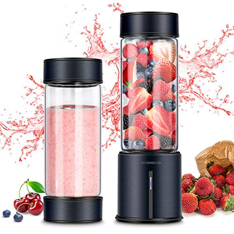 REDMOND Portable Blender 5000mAh USB Rechargeable Smoothie Blender with 16oz Glass Bottle Stainless Steel Shell for Smoothie Milk Shake Mini Travel Size - Black
