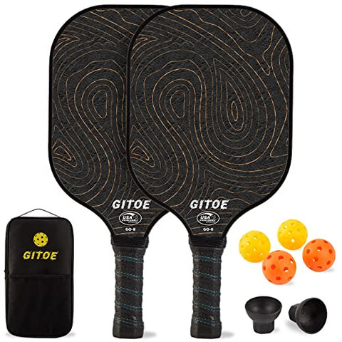 GITOE Pickleball Paddles, Set of 2 Rackets & 4 Pickle Balls Great Control Lightweight Graphite Raquettes with 2 Retriever, USAPA Approved Carbon Fiber Pickelball Gifts for Women Men Kids