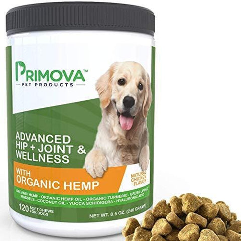 Hemp Hip and Joint Supplement for Dogs 120 Soft chews - Improves Mobility, Reduces Pain and Inflammation with Organic Hemp Oil, Turmeric, Green Lipped Mussel, Coconut oil,Omega 3-6 - MADE IN USA