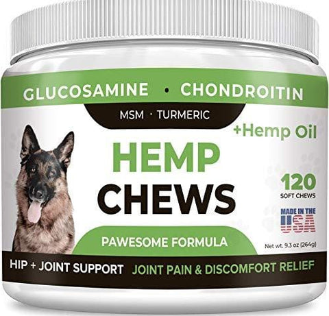 Pawesome Hemp + Glucosamine for Dogs - Hip & Joint Supplement - w/ Hemp Oil + Protein - Chondroitin, MSM, Turmeric to Improve Mobility & Energy - Natural Joint Pain Relief, 120 Soft Chews