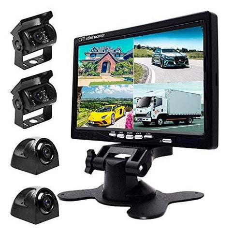 Podofo 9V-24V Car Backup Camera Kit, 7 Inch HD Quad Split Monitor + 4 x Waterproof IR Night Vision Front Rear Side View Cameras and 33ft AV Cables, Mirror/Normal Image