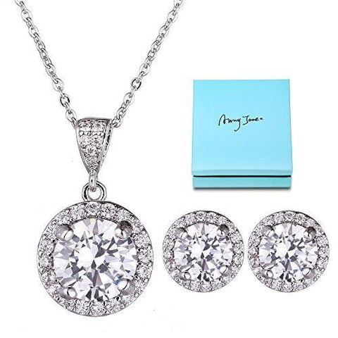 AMYJANE Crystal Jewelry Set Bride Bridesmaid- Sterling Silver Round Cubic Zirconia Crystal cz Bridal Pendant Necklace Earrings Set for Women Party Prom