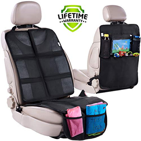 Car Seat Protector + Rear Seat Organizer For Kids - Waterproof & Stain Resistant Protective Backseat Kick Mat W/ Storage Pockets & Tablet Holder - Baby Travel Kickmat & Front / Back Seat Cover Set