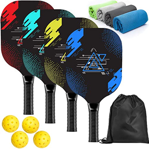 AOPOUL Pickleball Set with 4 Premium Wood Paddles, Cushion Comfort Grip, 4 Cooling Towels, 4 Pickleball Balls & Carry Bag, Gifts for Men Women