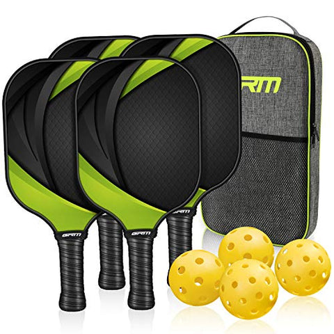 GRM Pickleball Paddles Set of 4, Graphite Pickleball Set Lightweight Pickleball Racket, 4 Pickleball Paddles and 4 Balls Including Portable Carry Bag (Green)