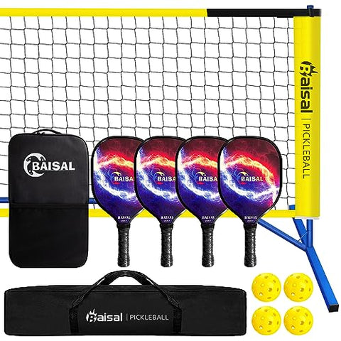 Baisal Pickleball Set with Net Portable Outdoor Indoor, 22FT Regulation Size Pickleball Net for Driveway with 4 Wooden Pickleball Paddles, 1 Pickle Ball Net, 4 Balls,1 Storage Bag, 1 Carry Bag