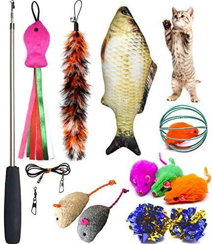 PETOY Cat Toys Set, Cat Retractable Teaser Wand, Catnip Fish, Interactive Cat Feather Toy, Mylar Crincle Balls, Two Cotton Mice, Two Fluffy Mouse