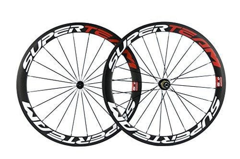 Superteam Carbon Fiber Road Bike Wheels 700C Clincher Wheelset 50mm Matte 23 Width (Red and White Decal)