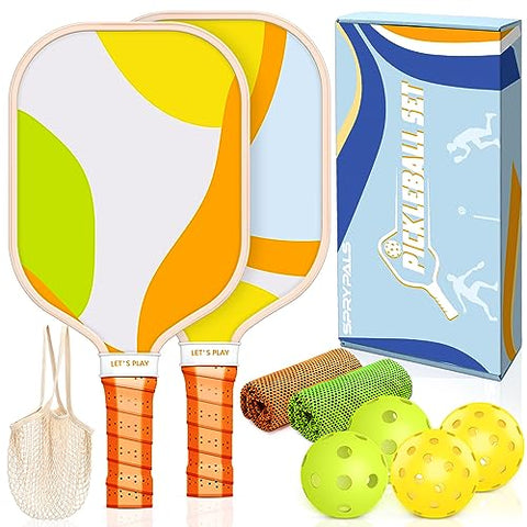 Sprypals Pickleball Paddles,Pickleball Paddles Set of 4 Premium Wooden Pickleball Paddle/Fiberglass Pickleball Set of 2 with Pickleball Balls & Portable Pickleball Bag Tote for Beginners & Pros
