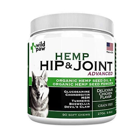Hemp Hip & Joint Support Supplement for Dogs : Organic Hemp Oil + Hemp Powder Dog Chew with Turmeric & Glucosamine Chondroitin MSM - Arthritis Pain Relief & Improved Mobility in Joints - 90 Treats