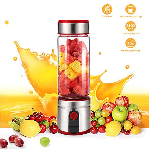 Cesun Portable Personal Size Blender, Smoothie Stainless Steel Blender Cordless w/ 15 oz Glass Bottle, 5100mAh USB Rechargable Juicer BPA Free (Red)