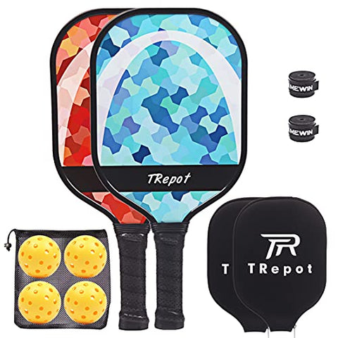 Trepot Pickleball Paddles Set of 2,Graphite Surface Honeycomb Core Polypropylene Lightweight Pickleballs Racket,Includes 4 Pickleball Balls & 2 Protective Cases & 2 Overgrip Rolls (Blue)