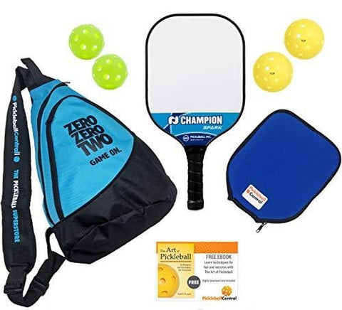 Pickleball Gift Bundle | Gifts for Him | Champion Spark Composite Pickleball Paddle + Sling Pickleball Bag + Paddle Cover + Outdoor & Indoor Pickleballs + Digital Book Download (for Him - Blue)