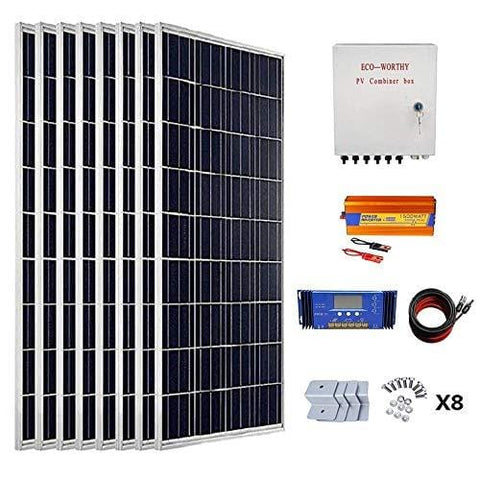 ECO-WORTHY 800 Watts Solar Panel Kit: 8pcs 100W Poly Solar Panel + 1500W 24V-110V Off Grid Inverter + Combiner Box + 15ft Solar Cable + 60A PWM Charge Controller + Z Mounting Brackets