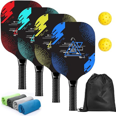 AOPOUL Pickleball Paddles, Pickleball Set with 4 Premium Wood Pickleball Paddles, 2 Pickleball Balls, 4 Cooling Towels & Carry Bag, Pickleball Paddle with Cushion Comfort Grip, Gifts for Men Women