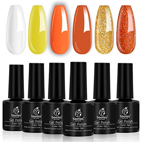 Beetles Pumkin Coral Gel Nail Polish Set, 6 Pcs White Glitter Gel Polish Kit Color Changing Orange Nail Polish Gel Kit Art Design Gift Box, Soak Off UV LED Gel Nail Lamp Cured, 7.3ml Each Bottle