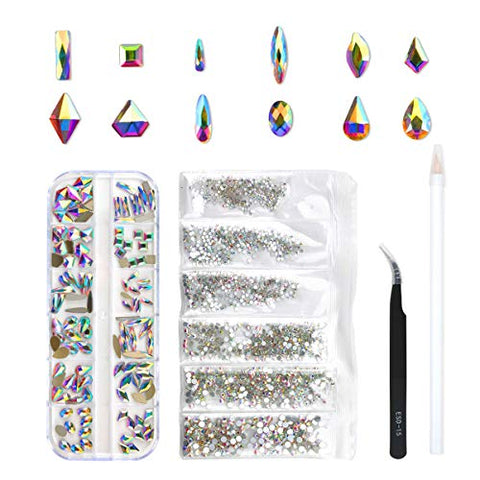120 Pcs Multi Shapes Glass Crystal AB Rhinestones For Nail Art Craft, Mix 12 Style FlatBack Crystals 3D Decorations Flat Back Stones Gems Set (120 pcs Crystals+1728 pcs rhinestones)