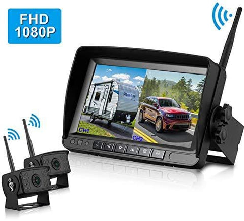 FHD 1080P Digital Wireless Dual Backup Camera 7'' Monitor Kit Split Screen for Trailer/RV/Truck/Camper Rear/Side/Front View Camera Night Vision IP69K Waterproof Driving/Reversing Use