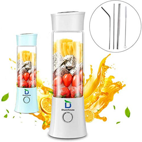 Diwenhouse Portable Blender USB Rechargeable Juicer Cup - Personal Size 16 oz Juice Glass Shakes Wireless Blue Including Metal Reusable Straws
