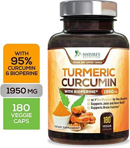 Turmeric Curcumin Max Potency 95% Curcuminoids 1950mg with Bioperine Black Pepper for Best Absorption, Best Vegan Joint Pain Relief, Made in USA, Turmeric Pills by Natures Nutrition - 180 Capsules - Ultra Pickleball