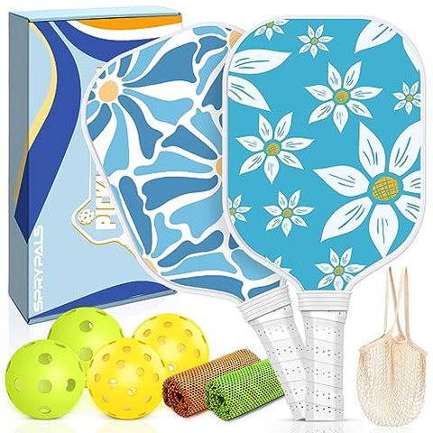 Pickleball Paddles, Blue Pickleball Set of 2 with 2 Fiberglass Surface Pickleball Paddles, 4 Balls, 1 Carry Bag, 2 Cooling Towels Racket with Ergonomic Cushion Grip for Intermediate Gift for Women Men