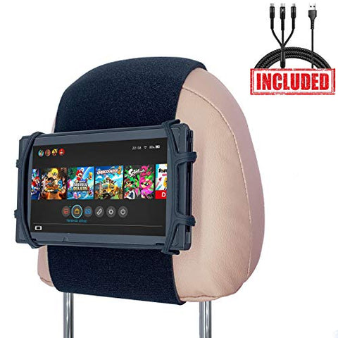 Car Headrest Mount Silicon Holder for Nintendo Switch Console, iPad Mini, Kindle Paperwhite with 3-in-1 Charging Cable (Black)