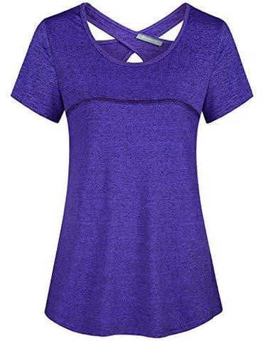 Kimmery Active Tops for Women, Loose Fresh Designer Shirts Sexy Open Back Short Sleeve Scoop Neck Leisure T-Shirt Running Compression Gym Wicking Moisture Tunic Cooling Athleisure Wear Purple XX Large