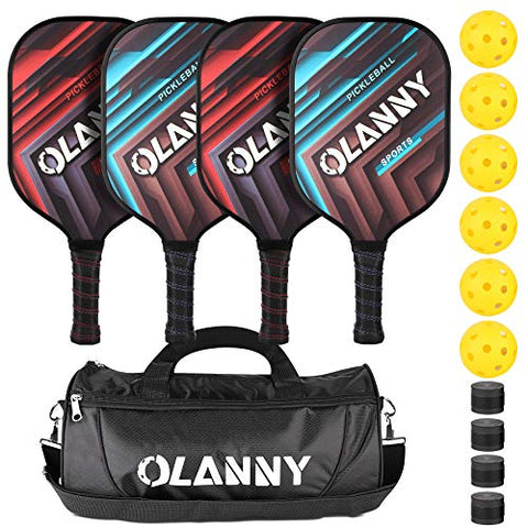 OLANNY Pickleball Paddles Set | Pickleball Set Includes 4 Pickleball Paddles + 6 Balls+ 4 Replacement Soft Grip + 1 Portable Carry Bag | Premium Rackets Face & Polymer Honeycomb Core