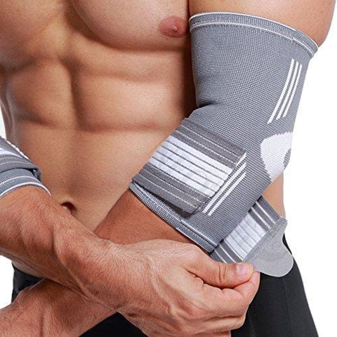 Neotech Care Elbow Brace Support Sleeve (1 Unit) - Elastic & Breathable Fabric - Adjustable Compression Strap/Band - for Men, Women, Right or Left Arm - Gray Color (Size L)
