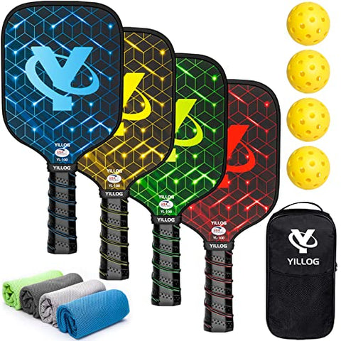 YILLOG Pickleball Paddles, USAPA Approved, Set of 4, Fiberglass Surface Pickleball Set, 4 Pickleball Balls, 4 Cooling Towels, Pickleball Bag, Pickle Ball Paddle for Men Women