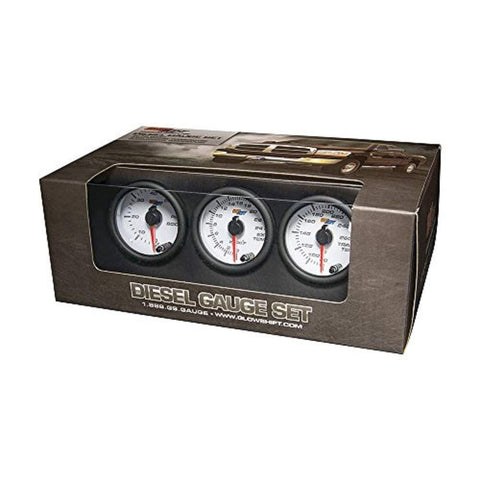 GlowShift White 7 Color Diesel Truck 3 Gauge Kit Set - 60 PSI Boost - 2400 F Pyrometer Exhaust Gas Temp EGT - Transmission Temperature - White Dial - Clear Lens - 2-1/16" 52mm
