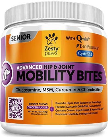 Senior Advanced Glucosamine for Dogs - For Hip & Joint Arthritis Pain Relief - Chondroitin, Turmeric Curcumin & MSM - Mobility Supplement with Green Lipped Mussel & Hyaluronic Acid - 90 Chew Treats