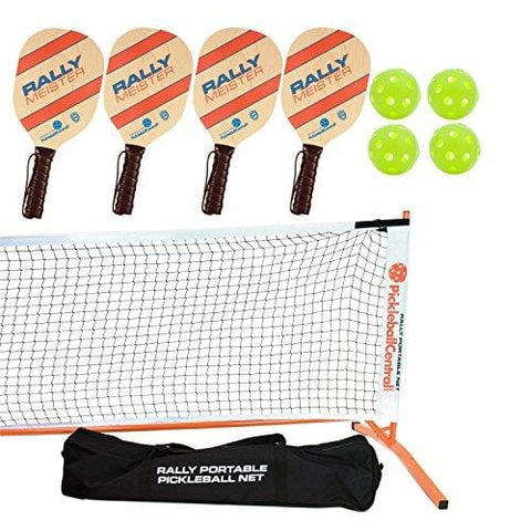 Rally Meister Pickleball Net, Paddle and Ball Set (Includes Matching Rally Orange Metal Frame + Net + 4 Paddles + 4 Balls + Rules Sheet in Carry Bag)