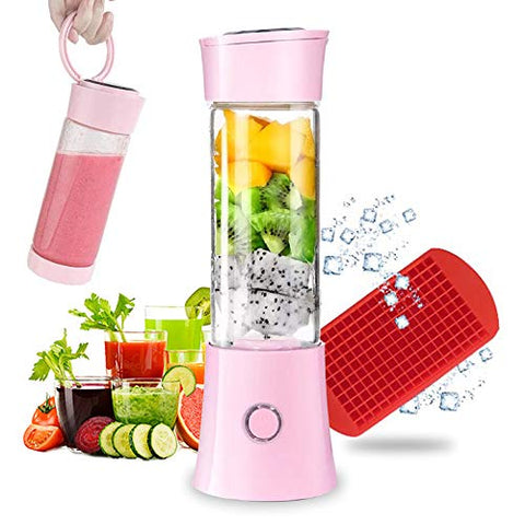 Portable Blender, Smoothie Blender with 16oz Travel Glass Cup and Lid 4000mAh Battery 7.4V Strong Power Personal Size Blender USB Rechargeable Mini Juicer Cup Travel Blender for Shakes and Smoothies with Stainless Steel 6 Blades BPA Free Pink