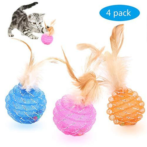 Fun Meows Interactive Cat Ball Toys with Feather,The Best Brightly Colored Cat Toys with Bells,Health Sport for Your Cat.Hour of Entertainment,Safe for Your Kitty,Pack of 4