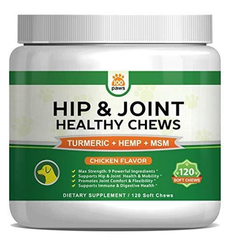 Hip & Joint Supplement for Dogs - Hemp Oil Infused Soft Chews Dog Treats w/Glucosamine, Turmeric, Chondroitin, MSM & Omega 3 6 9 - Supports Pet Mobility & Pain Relief - 120 Treat Bites