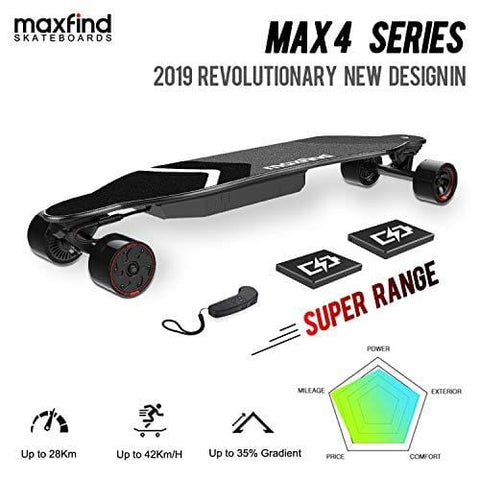 Maxfind Max-4 Super Range Electric Skateboard, 25 MPH Top Speed, 1500W Motor, 13-40 Miles Range, 16.5 Lbs, 8 Layers Maple Longboard with Wireless Remote Control (Super Range)