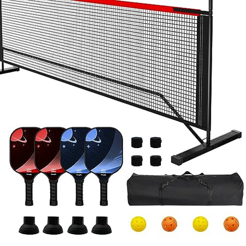 Pickleball Set with Net (22FT Pickleball Paddles Set of 4Includes 4 Premium Pickeball Paddles,1 Portable Net1 CarnBag,and 4 Pickleball Retriever4 Replacement Soft Grip