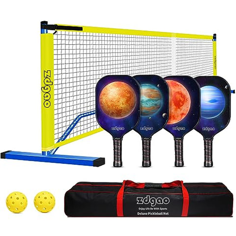 Zdgao Portable Pickle Ball Set with Net - Regulation Size Pickleball Net System with 4 Fiberglass Paddles, 4 Pickle Balls and Carry Bag for Driveway, Weather Resistant Metal Frame Outdoors